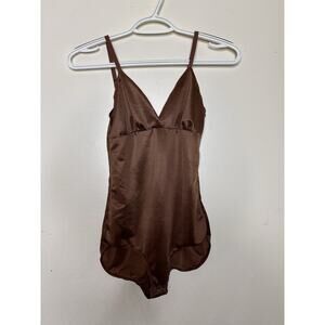 Skims Size Small Chocolate Brown Satin Bodysuit Briefs Adjustable Straps Snap